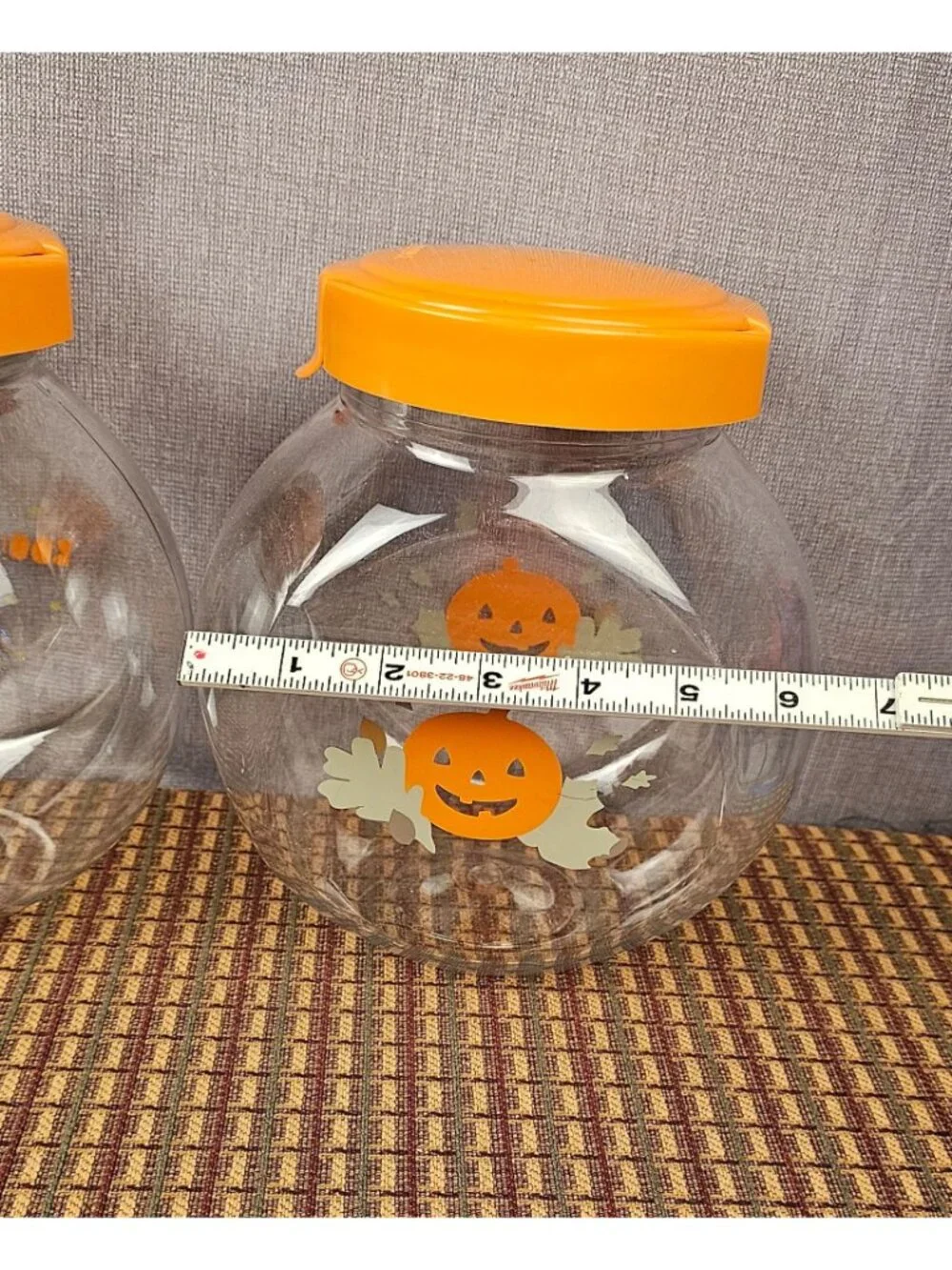 Halloween-Themed Plastic Storage Jars With Orange Lids Black Cat & Pumpkin Desig